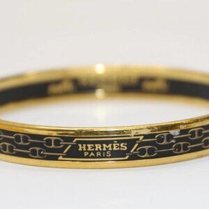Hermes Black & Gold Enamel Anchor Chain Motif Bangle Bracelet
